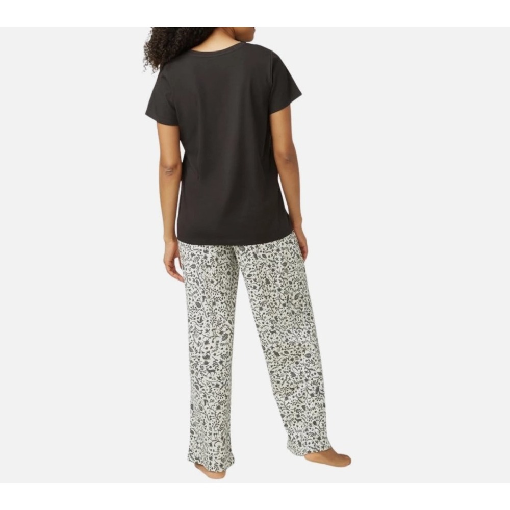 Hue Pajama Set Womens Large Black White Cat Floral Rhinestone 2pc Sleepwear NWT - Picture 3 of 8